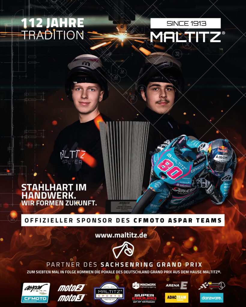 Zwei Azubis der Firma Maltitz Metallbau, in Kombinationmit der Skizze des neuen Pokals der Moto GP und einem Motorrad