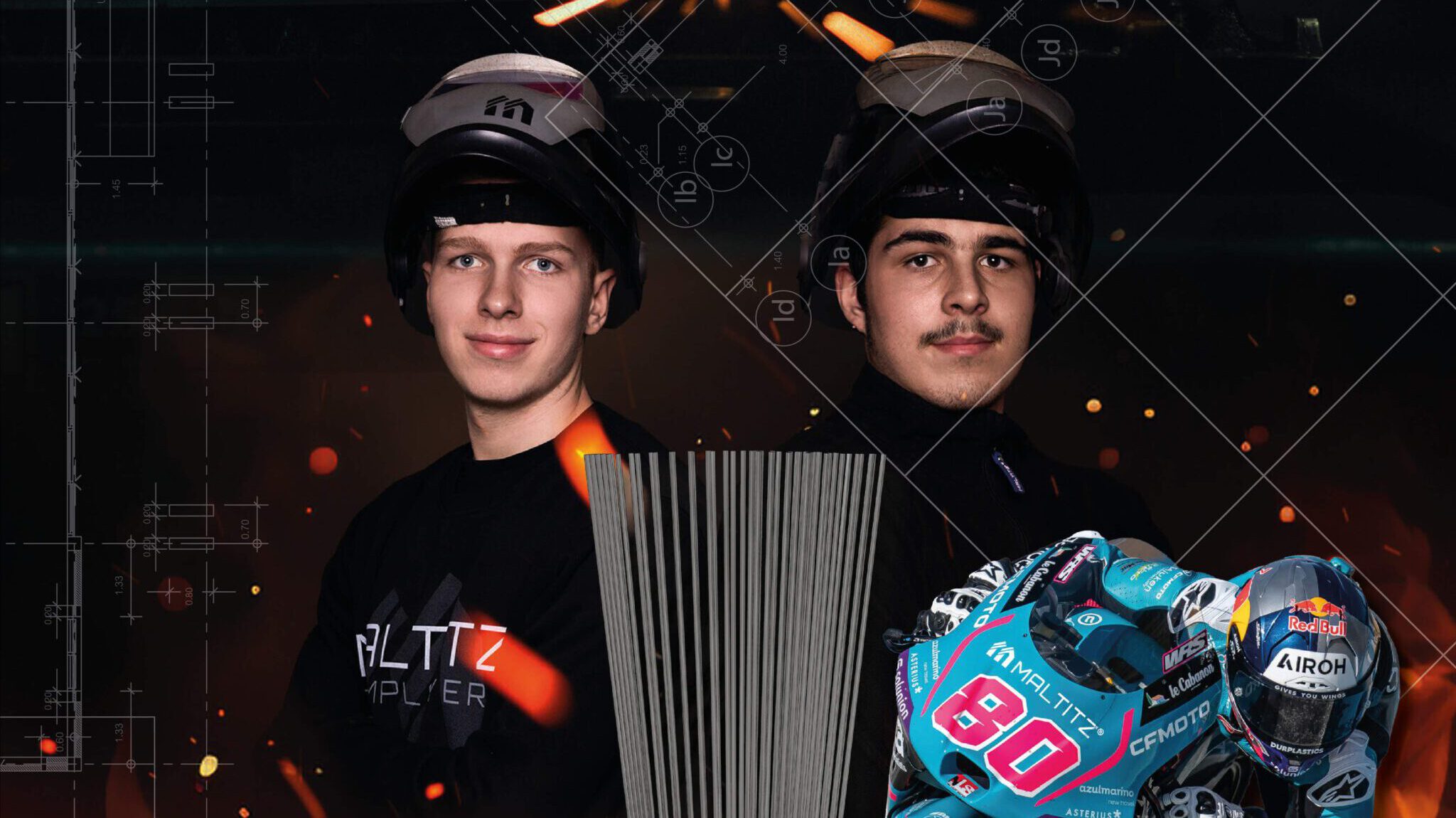 Die 2 Azubis der Firma Maltitz Metallbau, in Kombinationmit der Skizze des neuen Pokals der Moto GP und einem Motorrad
