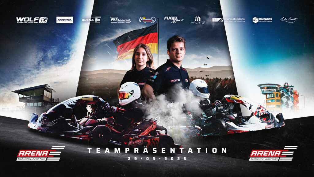 Bildcollage mit Emila Urlaß und Nils Tröger, unterhalb zwei fahrende Karts in Aktion. Im Hitergrund siend die Start- und Zieltürme des Sachsenrings und der Arena E zu sehen.