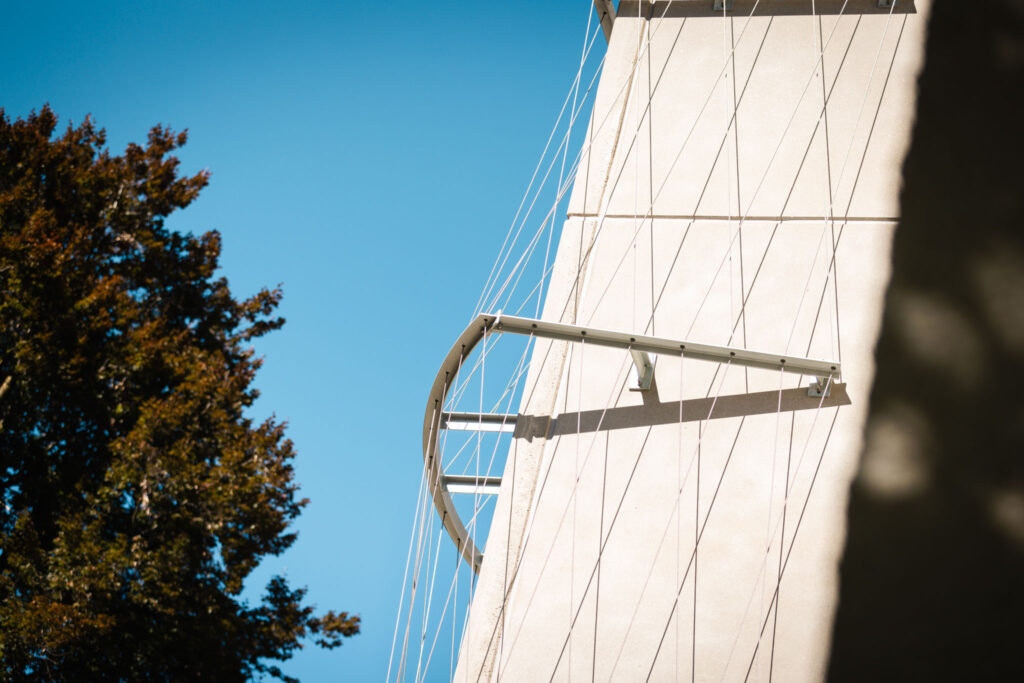 Detailaufnahme der hellen Gebäudefassade mit dem Montagesystem für vertikale Begrünung (gebogener Metallbügel und Spanndrähte), vor klarem blauem Himmel und dunklem Baumlaub.