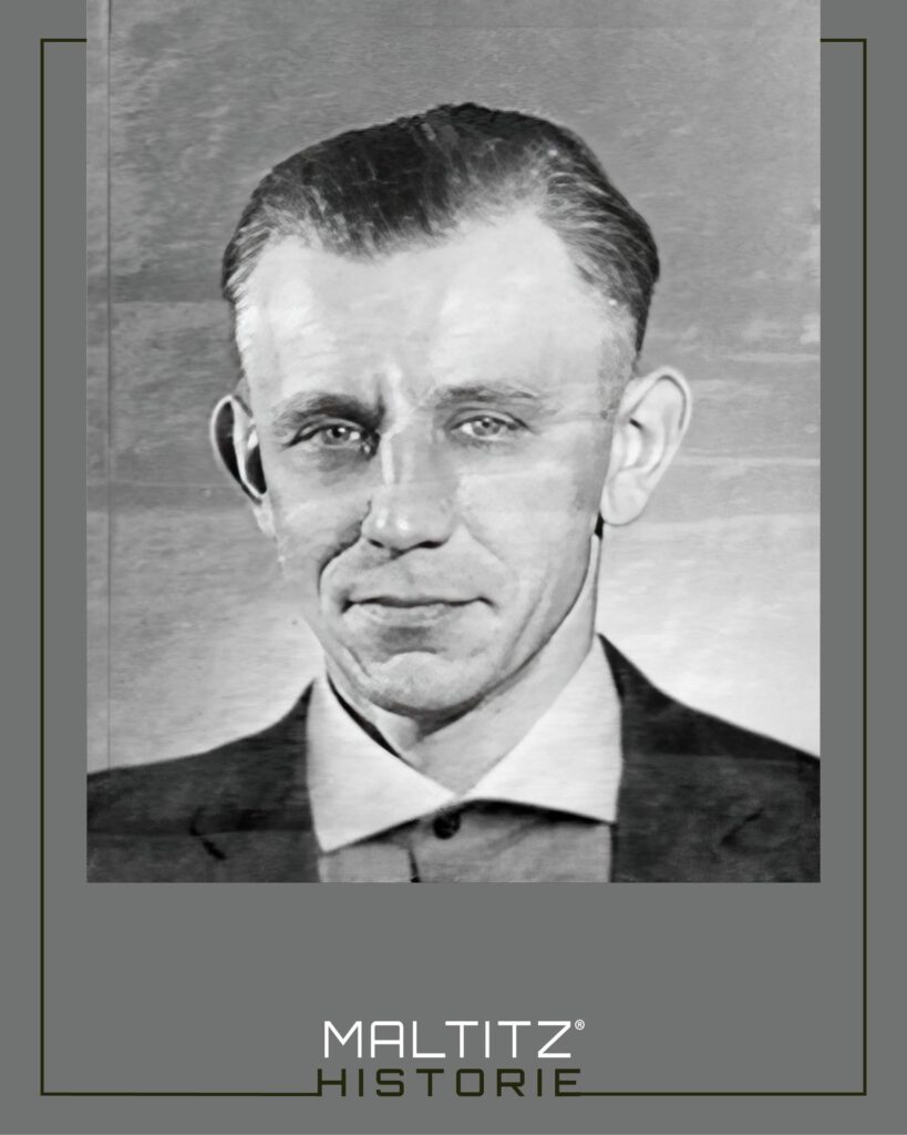 Historisches Porträtfoto des jüngeren Alfred Maltitz im Anzug. Schriftzug „MALTITZ HISTORIE“.