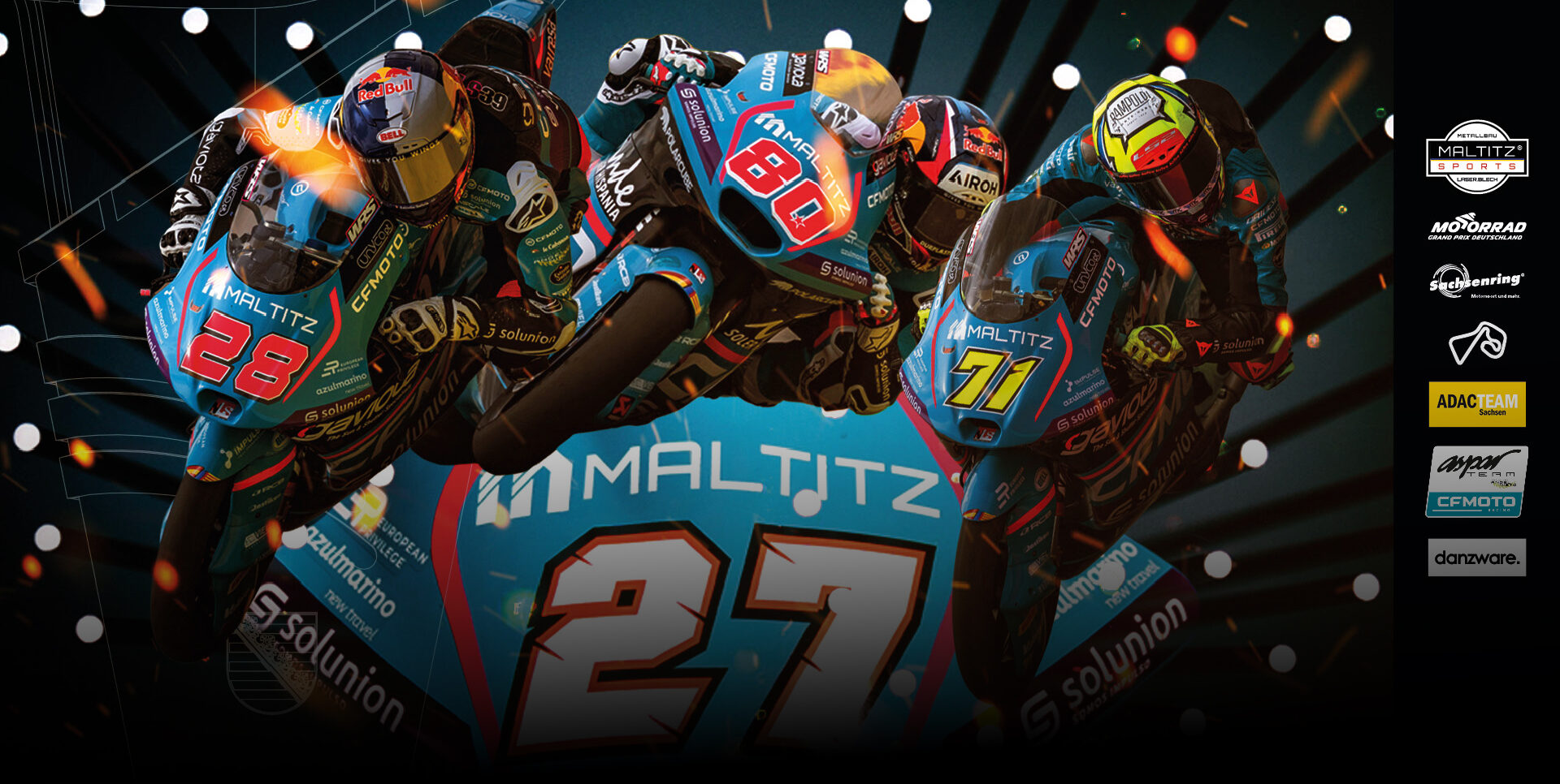 Werbebanner von Metallbau Maltitz als offizieller Sponsor des CFMOTO Aspar Teams und Partner des Sachsenring Grand Prix 2026. Das Bild zeigt eine dynamische Action-Grafik mit drei Rennmotorrädern und Fahrern des Aspar Teams (Startnummern 28, 80 und 71) in Kurvenlage vor einem dunklen Hintergrund mit Lichteffekten. Im Vordergrund stehen die Texte „Offizieller Sponsor des CFMOTO Aspar Teams“, „Partner des Sachsenring Grand Prix“ und der Hinweis „Zum achten Mal in Folge kommen die Pokale des Deutschland Grand Prix aus dem Hause Maltitz®“. Auf der rechten Seite sind Sponsorenlogos wie Maltitz Sports, Sachsenring, ADAC Team Sachsen und CFMOTO abgebildet.
