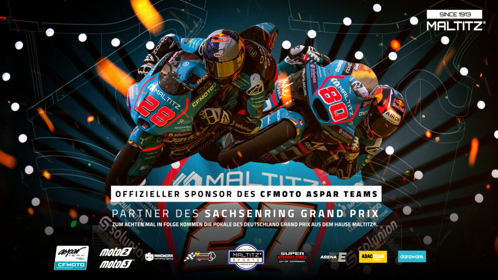 Werbegrafik des Unternehmens MALTITZ® zur Partnerschaft mit dem CFMOTO Aspar Team und dem Sachsenring Grand Prix.