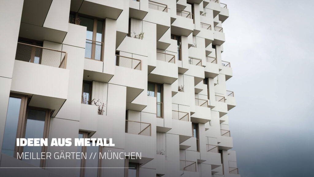 Moderne Fassade der Meiller Gärten in München mit individuell gefertigten Metallbauelementen und Balkonkonstruktionen